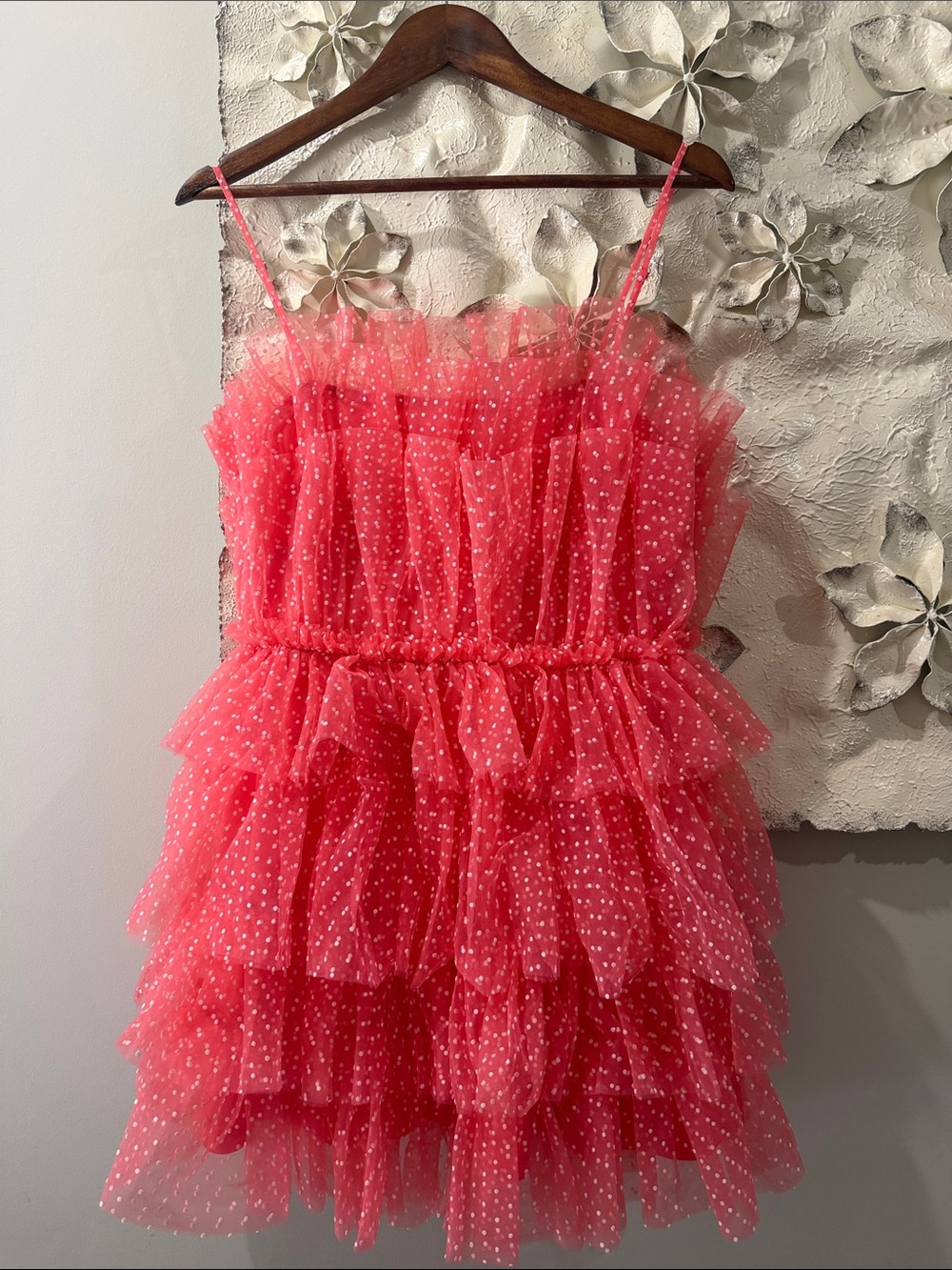 Storia Pink Swiss Dot Tiered Ruffle Mini Dress Size L NWT Party Cocktail